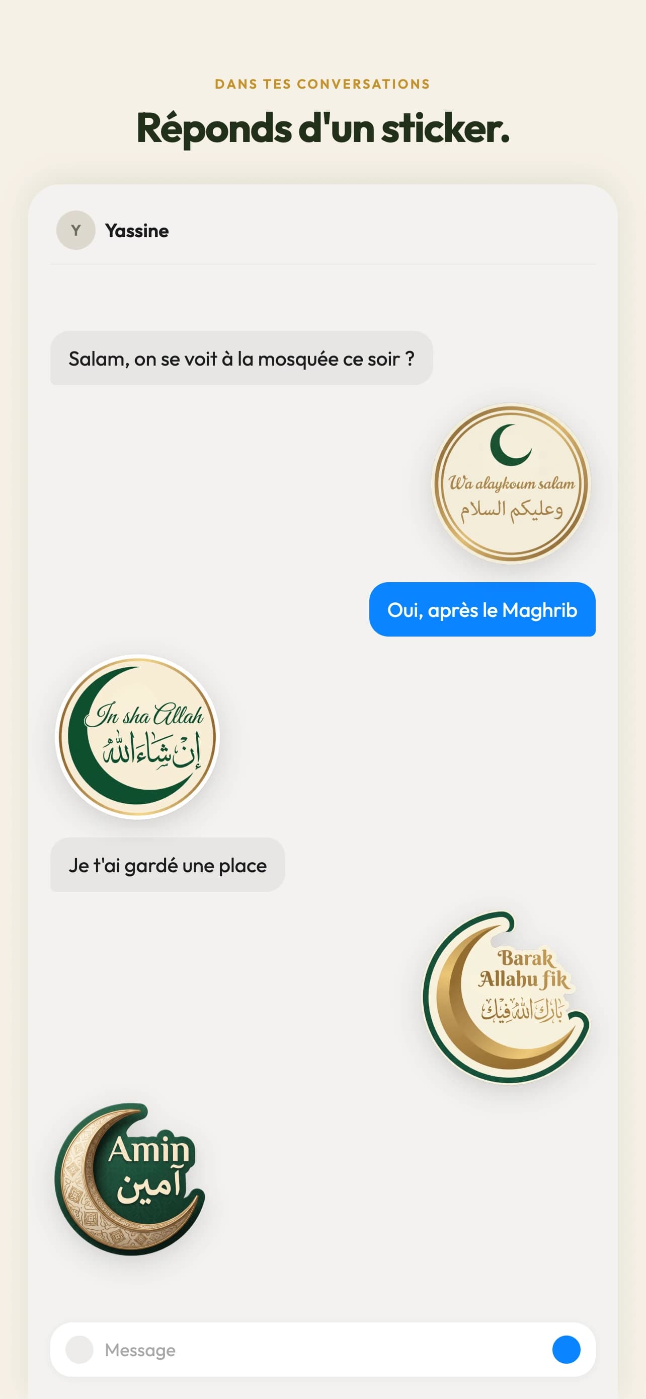 Conversation iMessage dans laquelle les stickers Lire le Coran servent de réponses