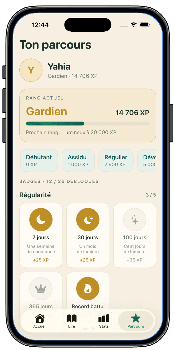 Parcours avec rang, expérience et badges